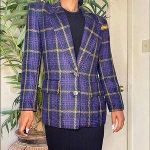 Purple, Black, Plaid Blazer + Green Gold Polka Dot Pocket Square (8)